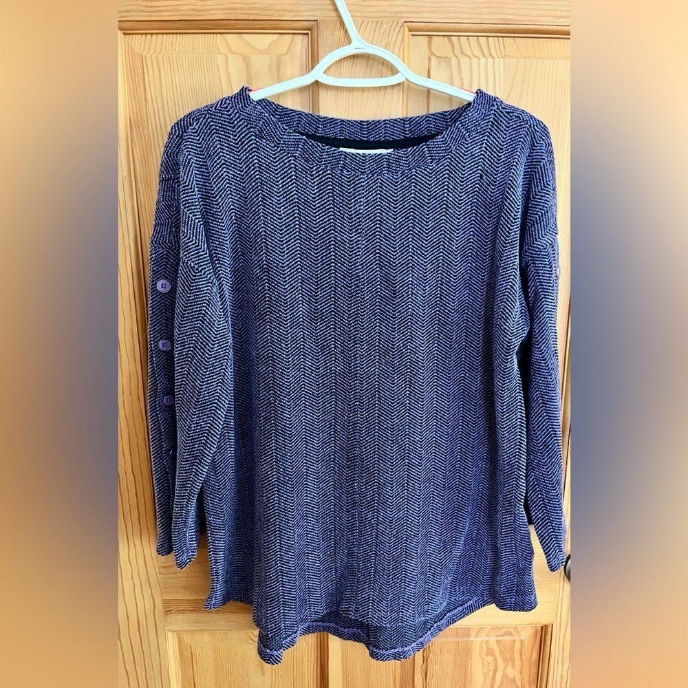 Liz Claiborne Purple Chevron Knit Top 3/4 Sleeve Arm Buttons Popover L